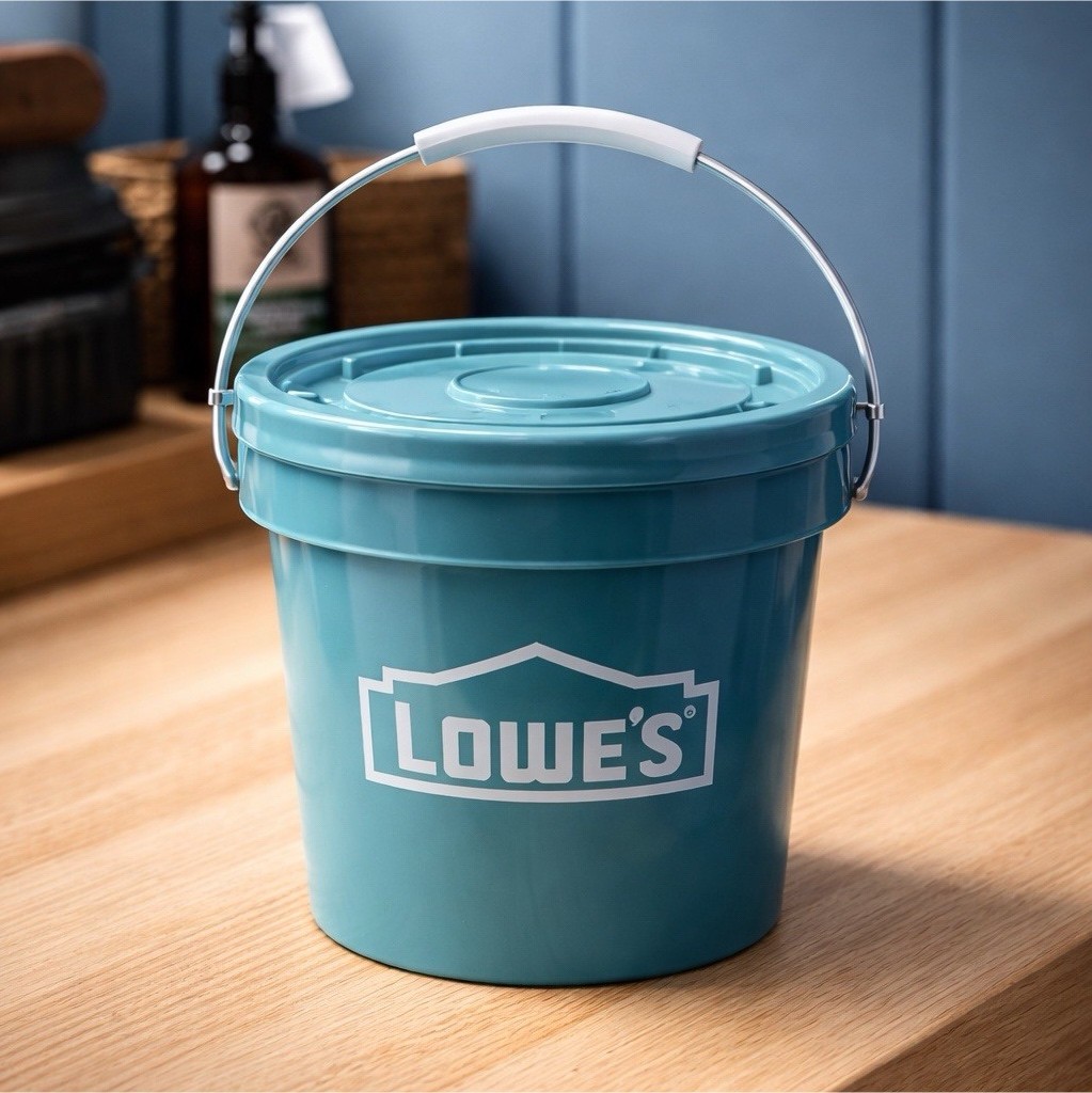 Lowes teal Plastic Bucket with Lid and Handle