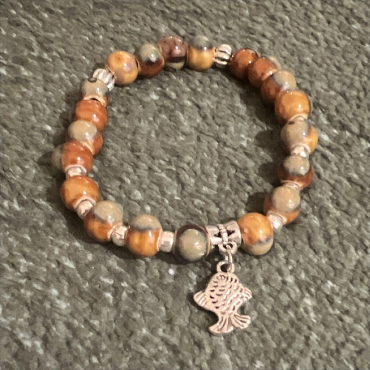 Beaded Stone Bracelet Brown Gray Round Shape Adjustable Tree Charm Nature Theme