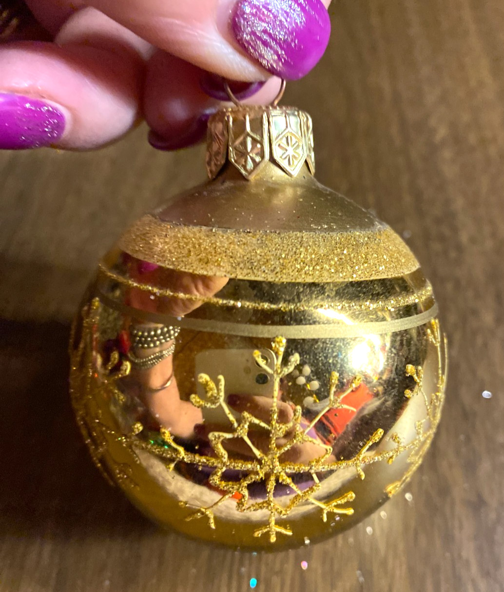 Gold w Gold Glitter Snowflake Blown Glass Ball Christmas Ornament 2"
