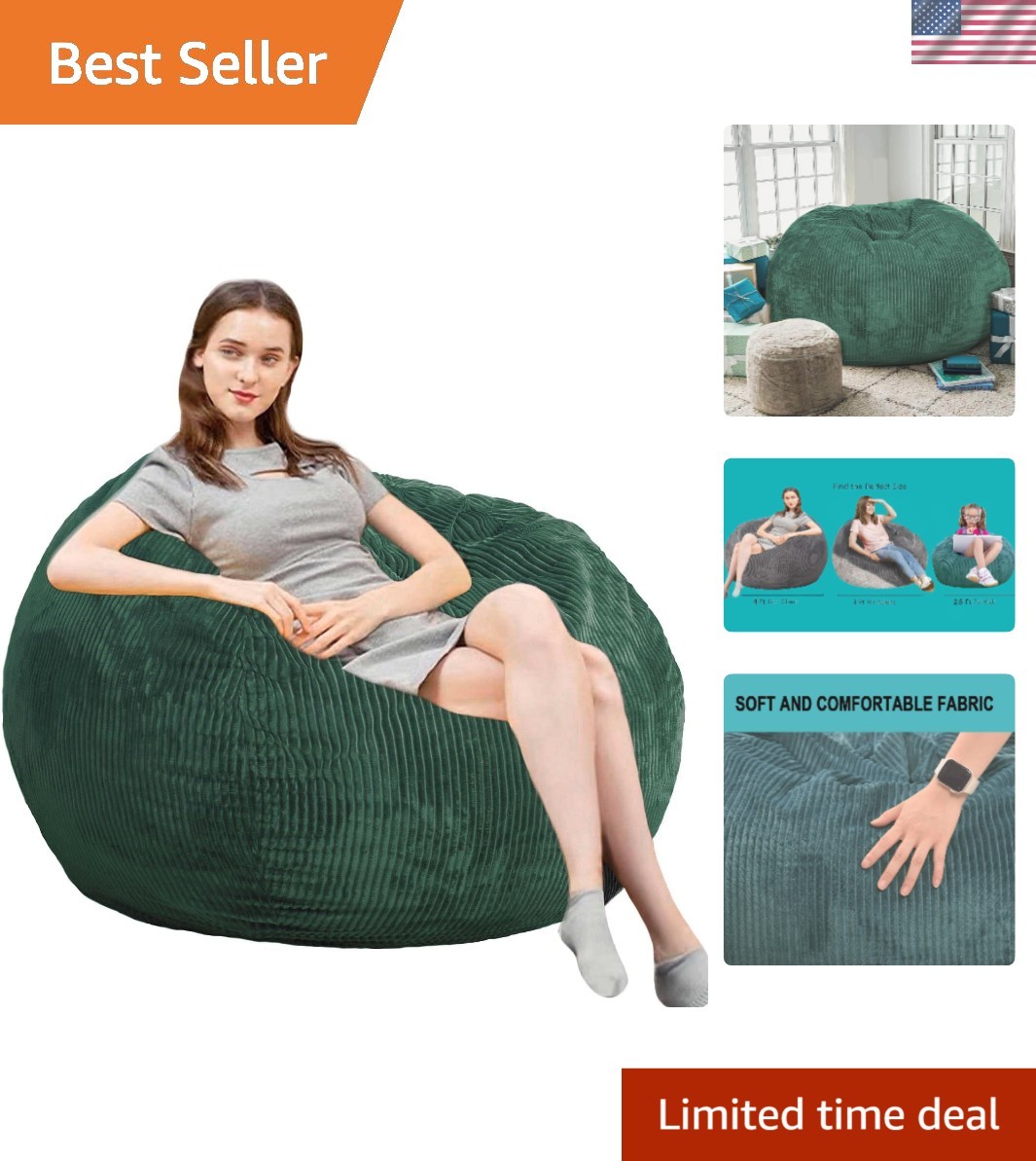 Bean Bag Chair 3Ft Faux Rabbit Fur Memory Foam Adult Lounge Sofa Indoor Livin...