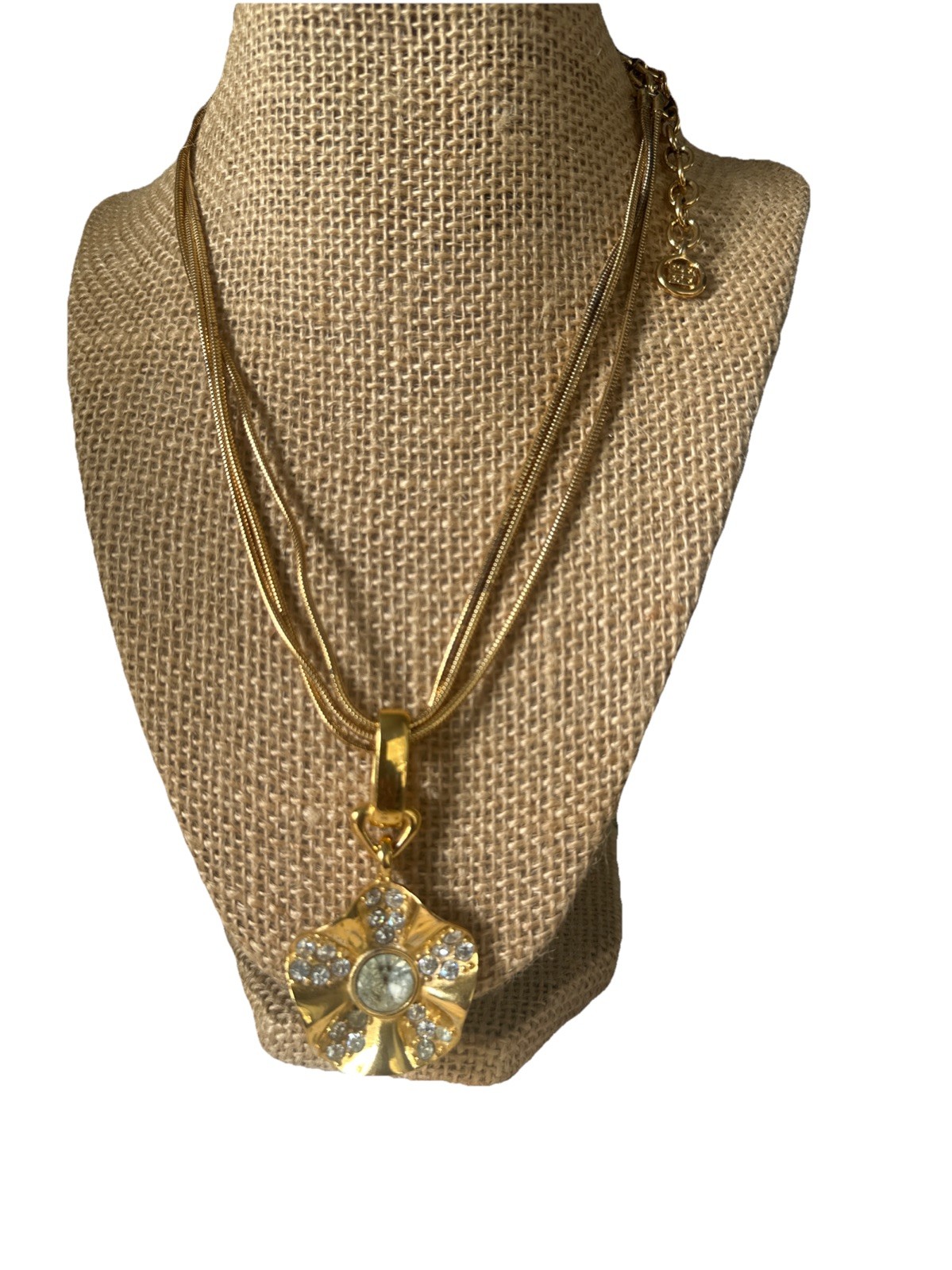 Vintage Signed GIVENCHY Dated 1980 Gold Tone Rhinestone Flower Pendant Necklace