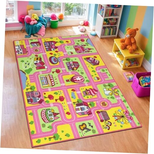  Kid Rug for Playroom Pink Play Rug Traffic Road Car Play Mat 5.2x3.3 ft 