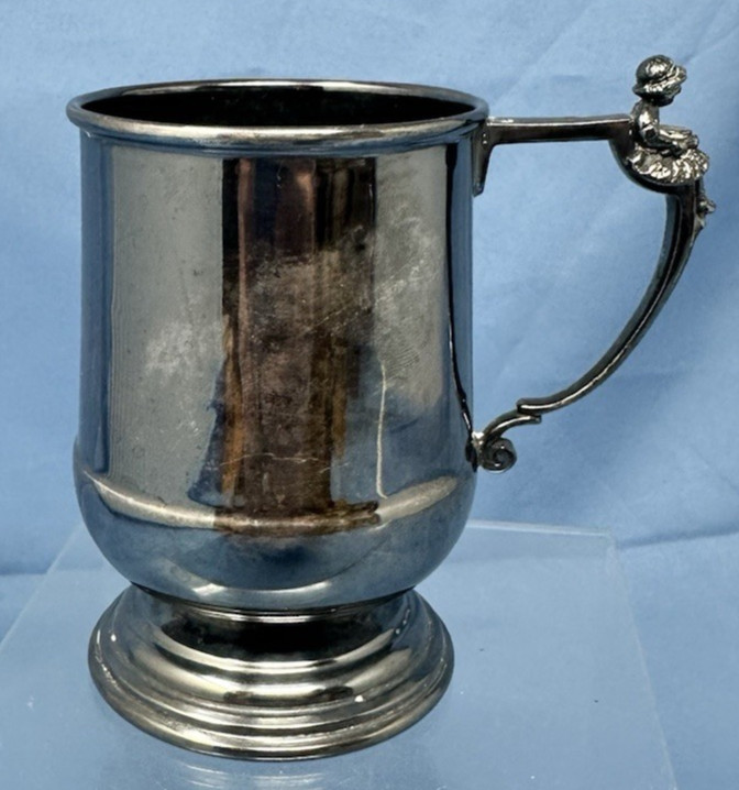 Vintage Footed Coffee Mug Silver Plate Girl eating porrage figure on handle