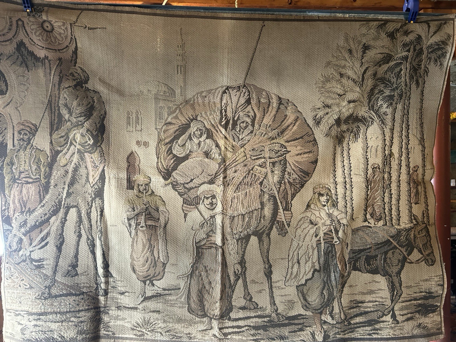 Vintage Tapestry Made In Belgium Camels Desert Egyptian Scene