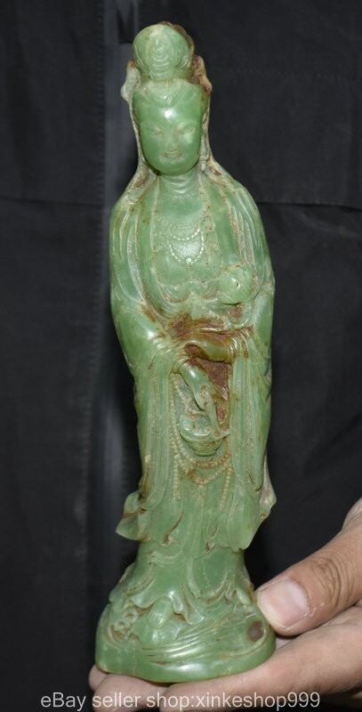 8.8" China dynasty green Jade Carving stand Kwan-yin Guan Yin Goddess sculpture