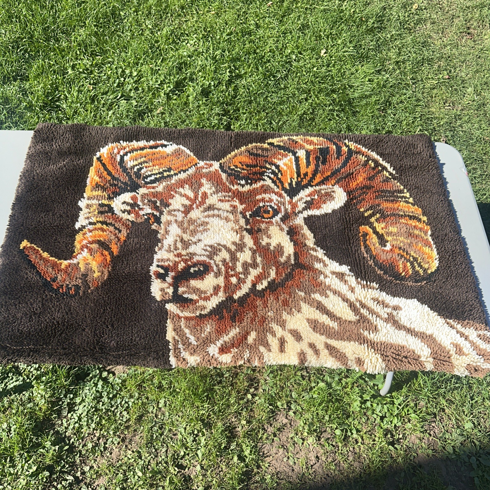 VTG MCM 1970's Big Horn Sheep Ram Latch Hook Rug Wall Hanging Art  32” X 51”