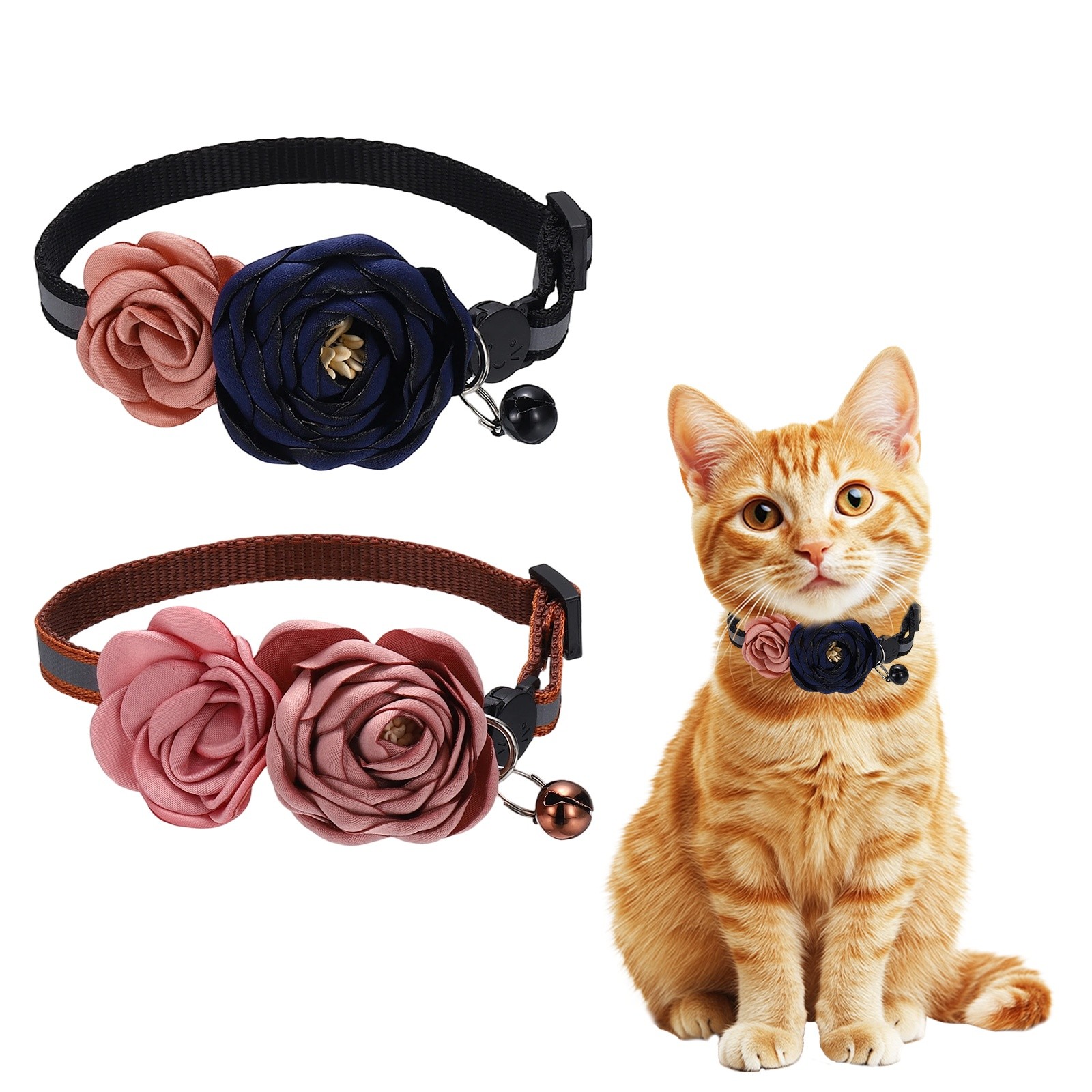 Flower Cat Collar with Bell for Cats(2Pcs, 8.3-11.8Inch, Pink/Navy Blue Pink)