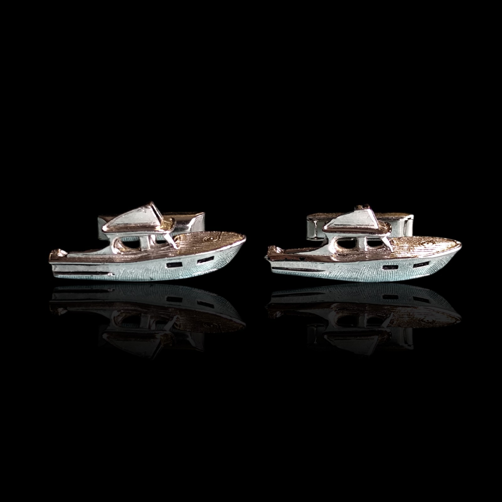 Vtg Swank Silver Tone Boat Ship Yacht Whale Back Cufflinks