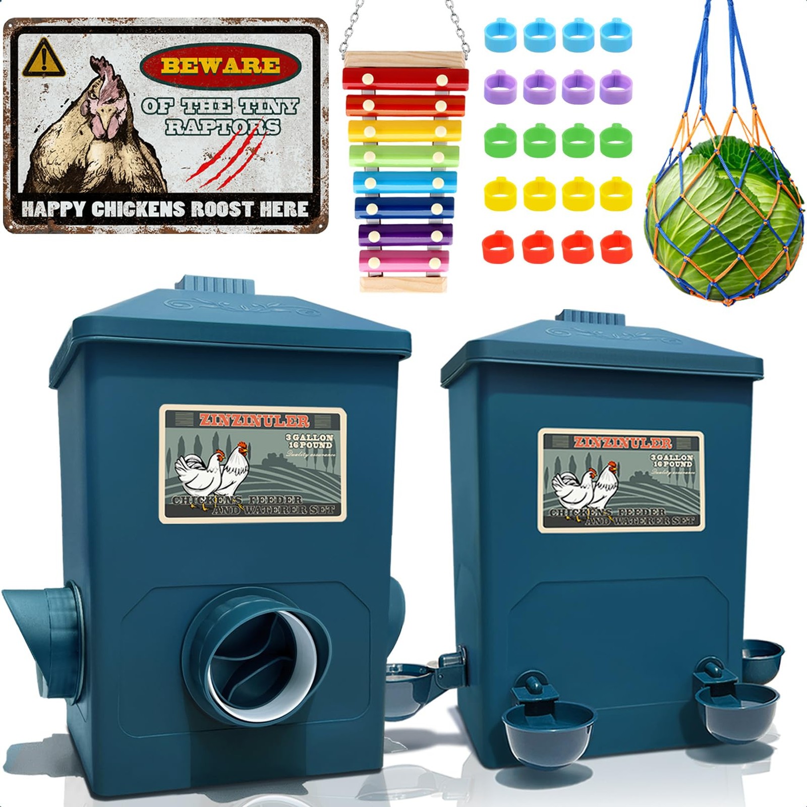 Automatic Port Chicken Feeder and Cup Waterer Set - 9.2×6.4×15.4 inches, Cyan 
