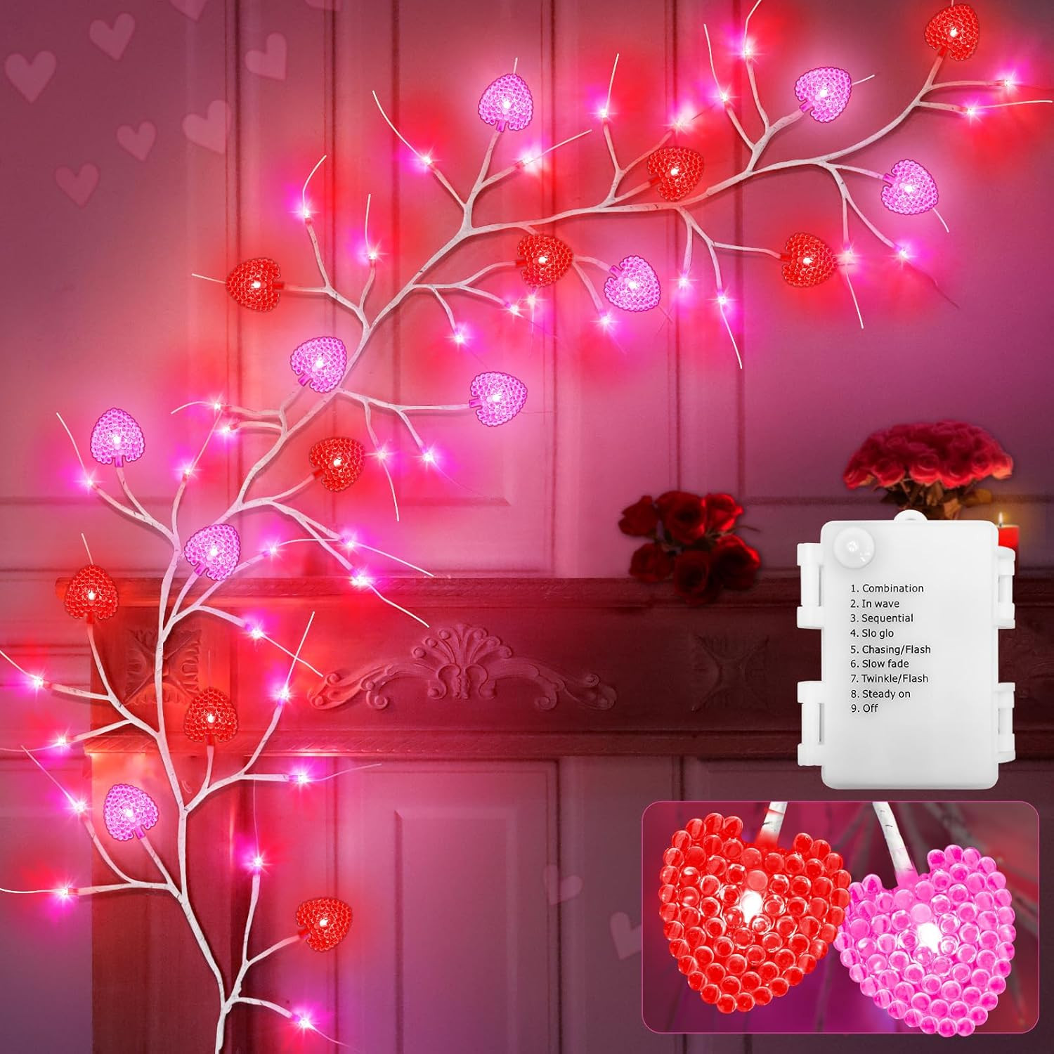 Dual Color & Timer 8 Modes - 6 FT 48 LED Prelit Lighted Valentines Garland Valen