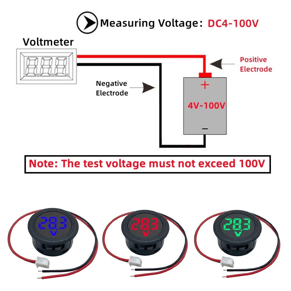 2 Wire DC Digital Voltmeter DC5100V 5 100V Round Display Meter for Car Systems