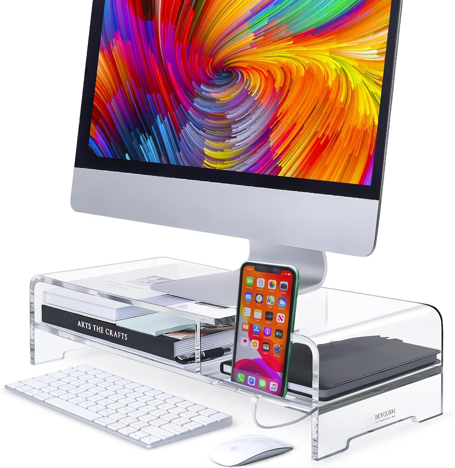 Acrylic Monitor Stand Full Keyboard 20" Wide 2-Tier Riser W/ Storage Shelf &