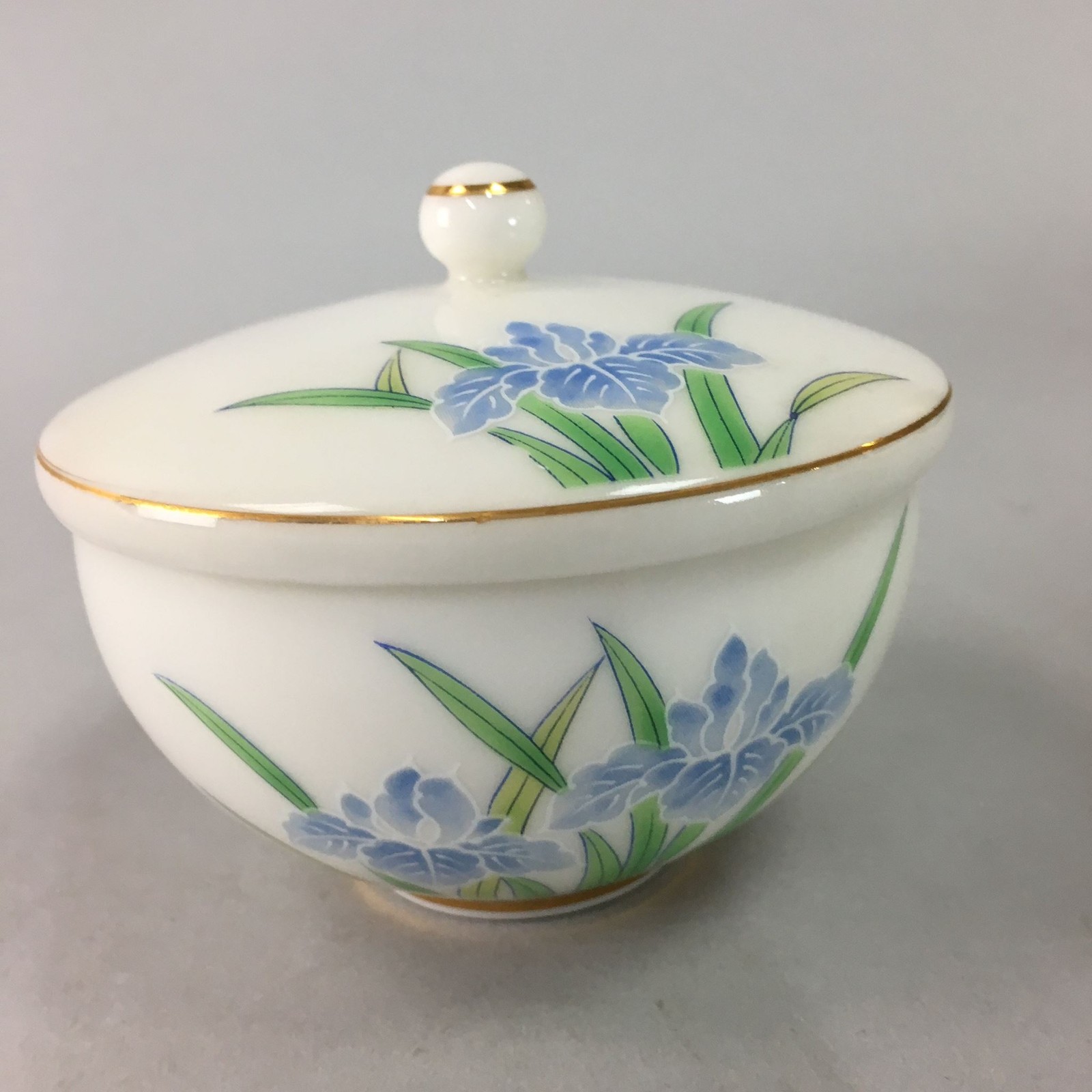 Japanese Porcelain Lidded Teacup Vtg Yunomi Floral Iris Flower Gold QT53