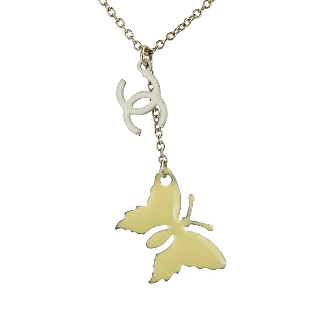 CHANEL Coco Mark Butterfly Motif 2WAY Reversible Necklace Pink x Yellow