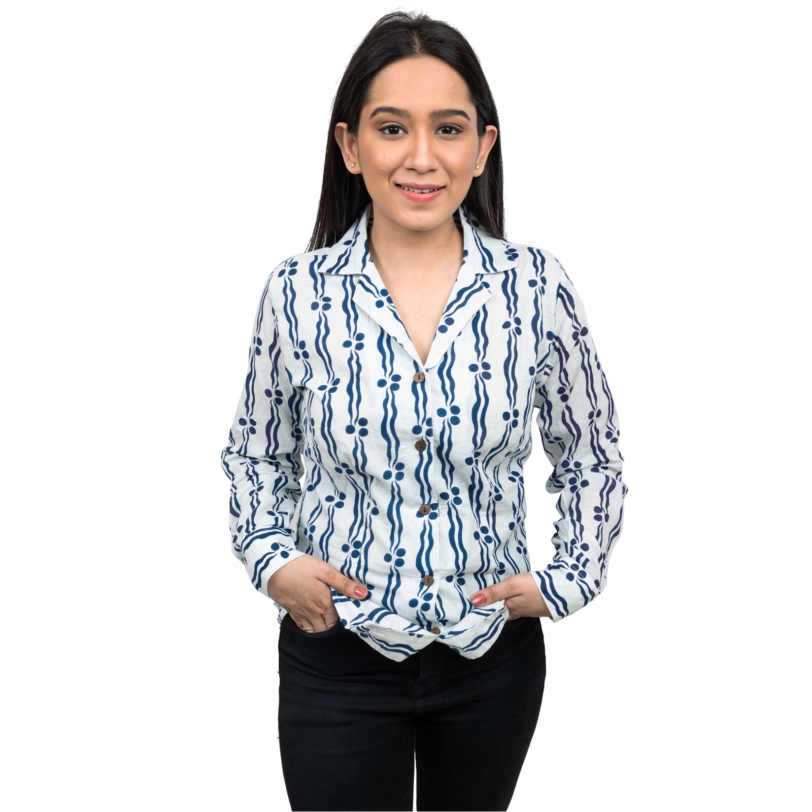 Sanskriti Pure Cotton Handblock Printed Blazer Collar White Full Sleeve Shirt