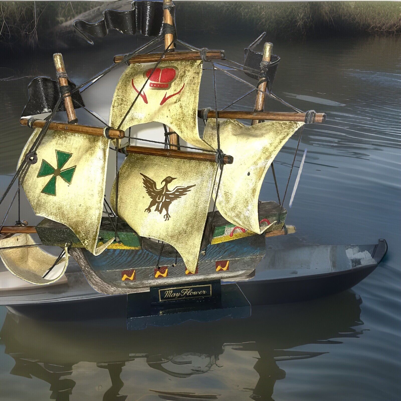 Vintage Mayflower Ship Figure Wood and Cloth