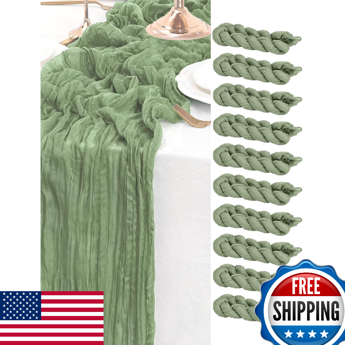FUANGUI 10-Pack Sage Green Cheesecloth Table Runner 35x120" 10Ft Wedding Baby Sh