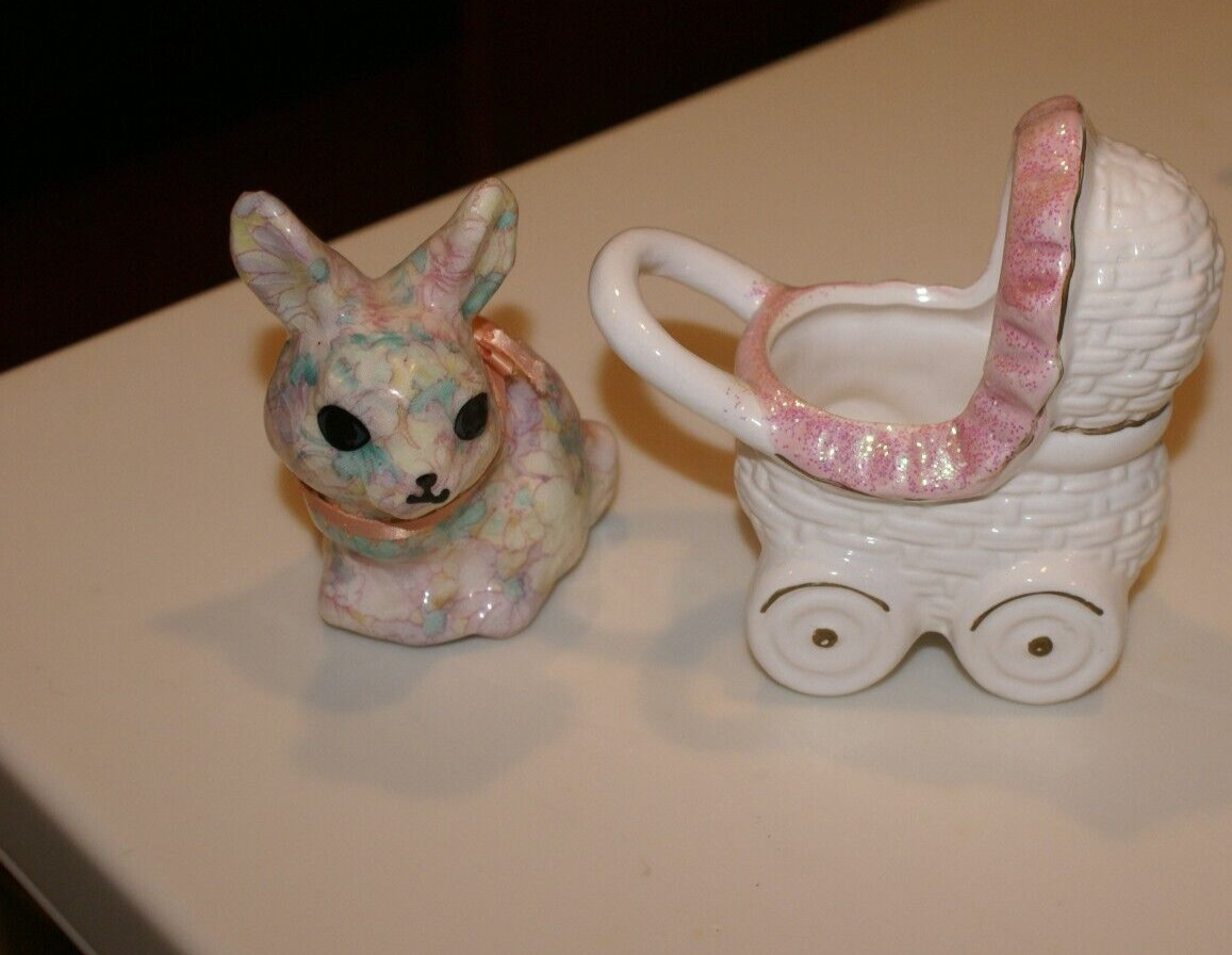 Vintage Planter Pink Retro Baby Buggy Carriage 1950's AND BABY RABBIT CLOISSONE