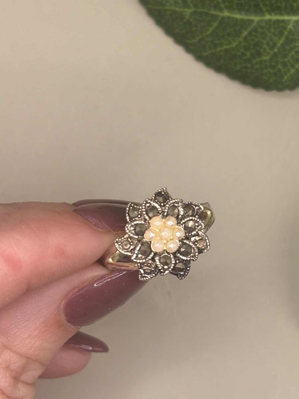 Vintage 925 Sterling Silver Marcasite & Faux Pearl Flower Ring Size 8 Missing St