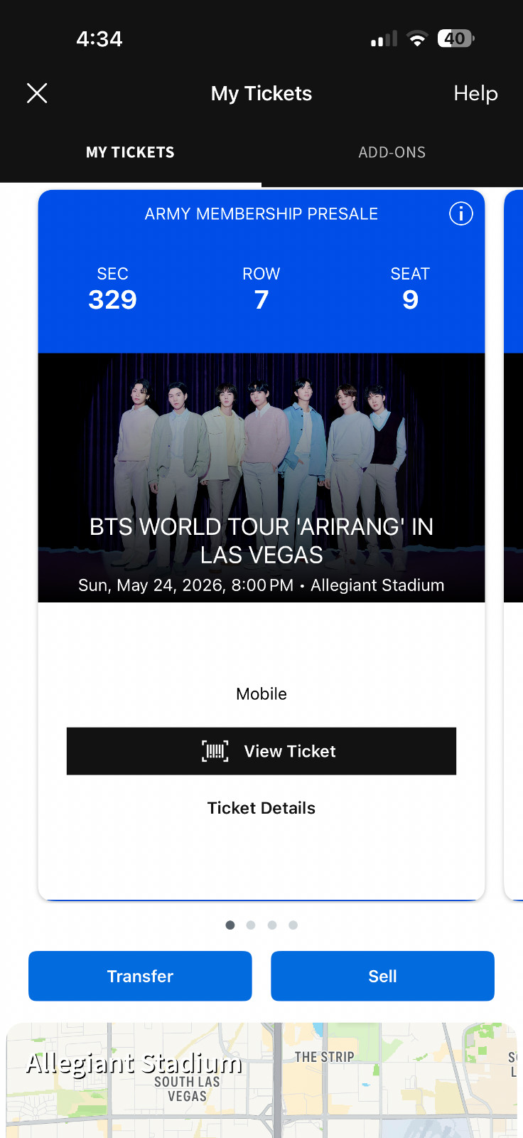 BTS World Tour "Arirang" Las Vegas 4 tickets Sunday 5/24 sec 329 Row 7 seat 9-12