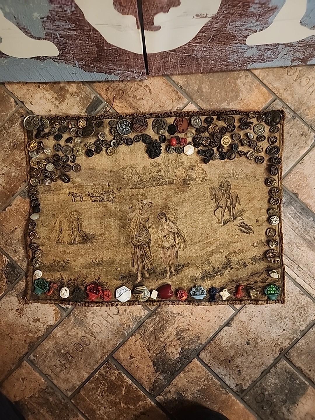 Antique Tapestry With Antique Buttons Hand Sewn Onto Fabric 17x12
