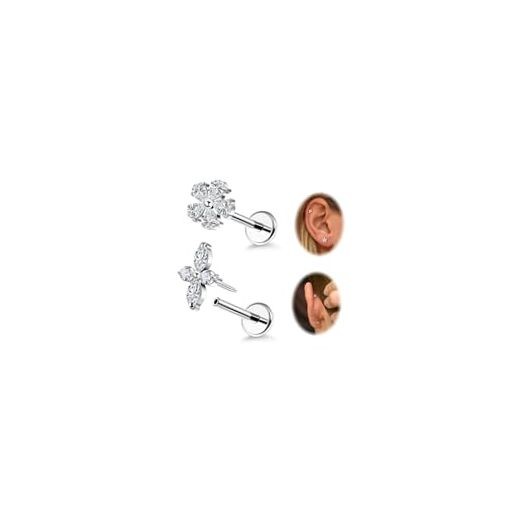 2Pcs 18G F136 Titanium Threadless Cartilage Earrings Stud for Women 16G Silver
