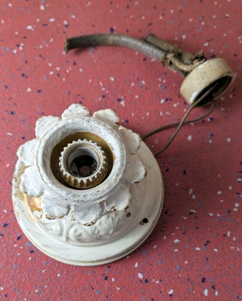 Vintage Art Deco Single Bulb Ceiling Light Fixture Distressed White Paint