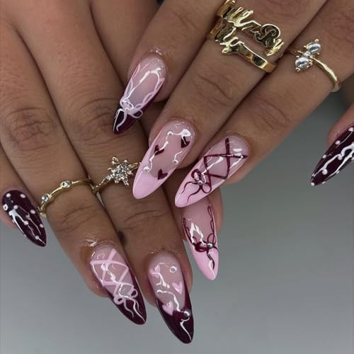 3D Gentle Purple French Press-on Nails Almond, Medium 05.purple french heart