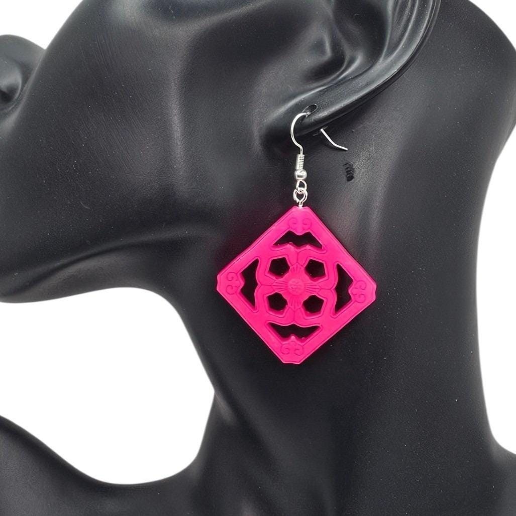 Handmade Large Hot Magenta Pink Jade Tile Breezeway Dangle Earrings Tiki Retro