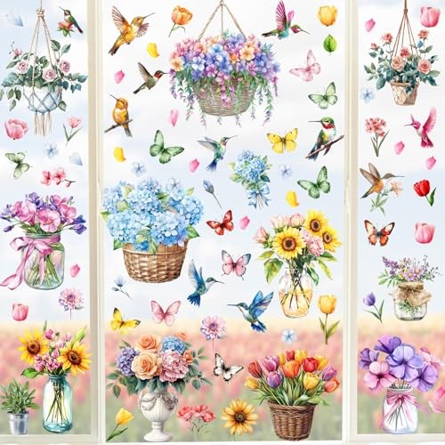 Floral Window Clings Tulip Flower Window Stickers Hello Double-Side Spring