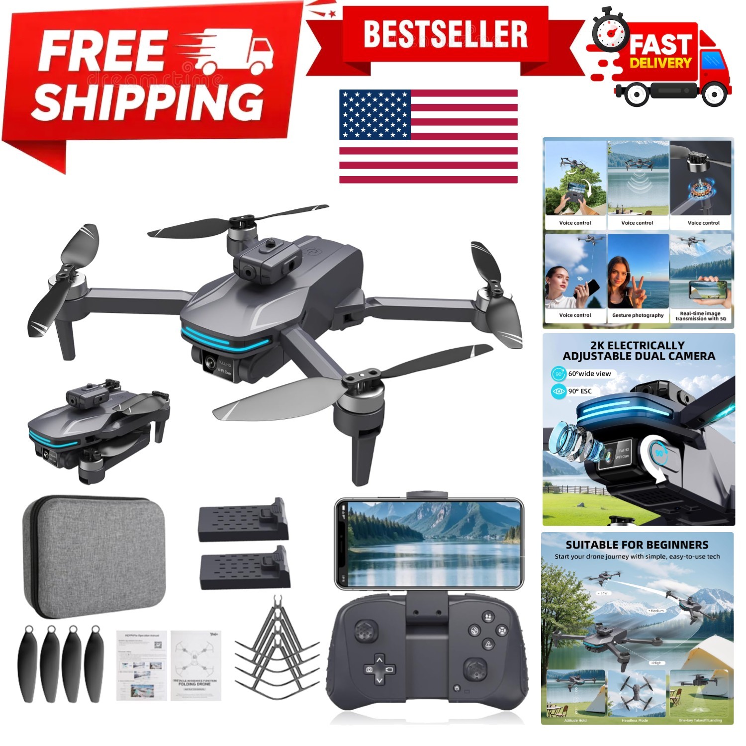 Foldable 4K Drone with Dual Electrically Adjustable Cameras, Brushless RC Qua...