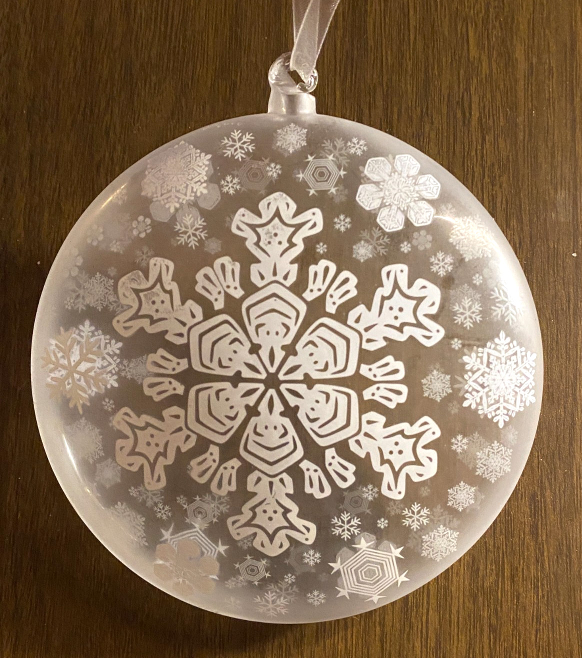 Snowflake detailed Blown Glass Round Flat Christmas Ornament 5"