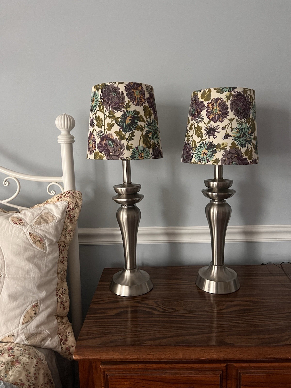 Matching Table Lamps – Brushed Nickel with Floral Shades (Set of 2)