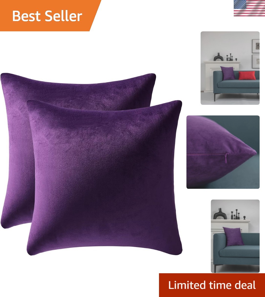 Throw Pillow Covers 18x18 Purple: Pack of 2 Cozy Soft Velvet Square Modern Lu...