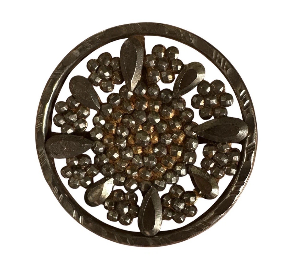 Antique Cut Steel Floral Button 1-1/16” Victorian Edwardian Faceted Steel Beads