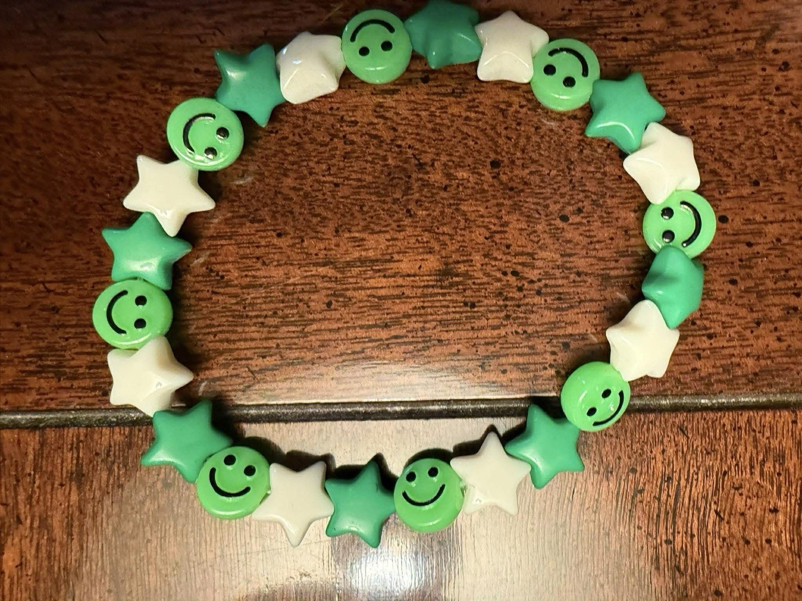 Handmade Beaded Charm Bracelet Green White Adjustable Smiley Face Star Unisex