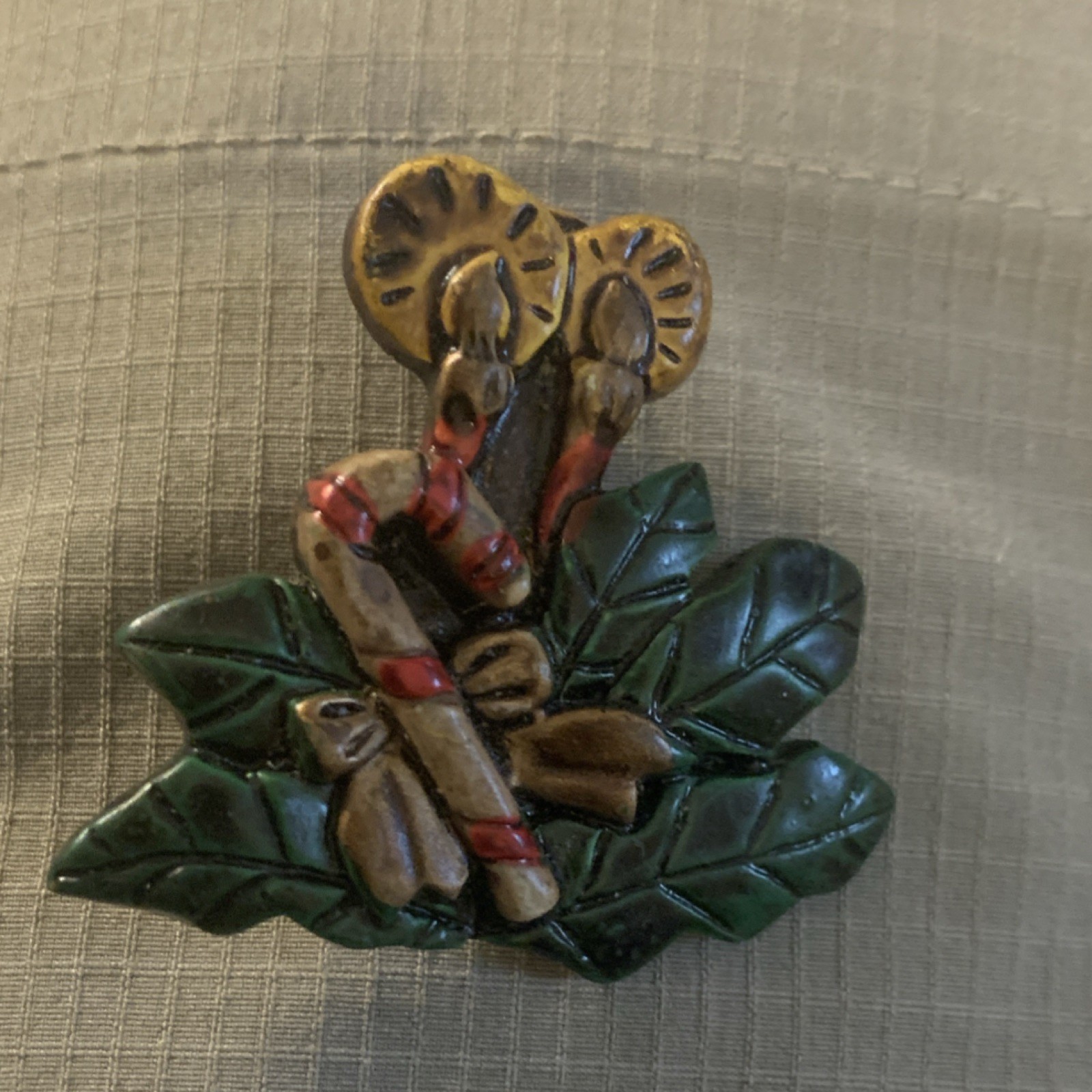 Vintage Ceramic Christmas Holiday Brooch with Candy Canes, Leaves