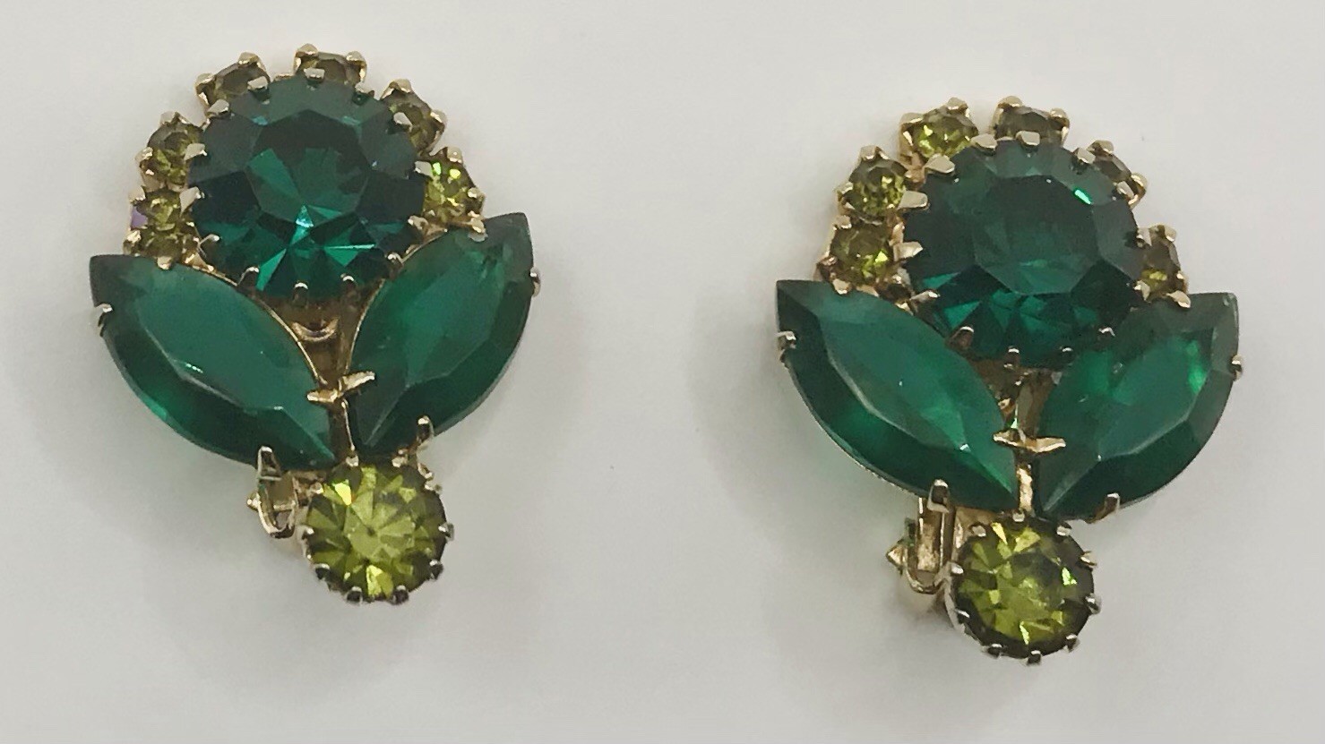 Vintage Flower Green Rhinestone and Gold Tone Clip-On Earrings