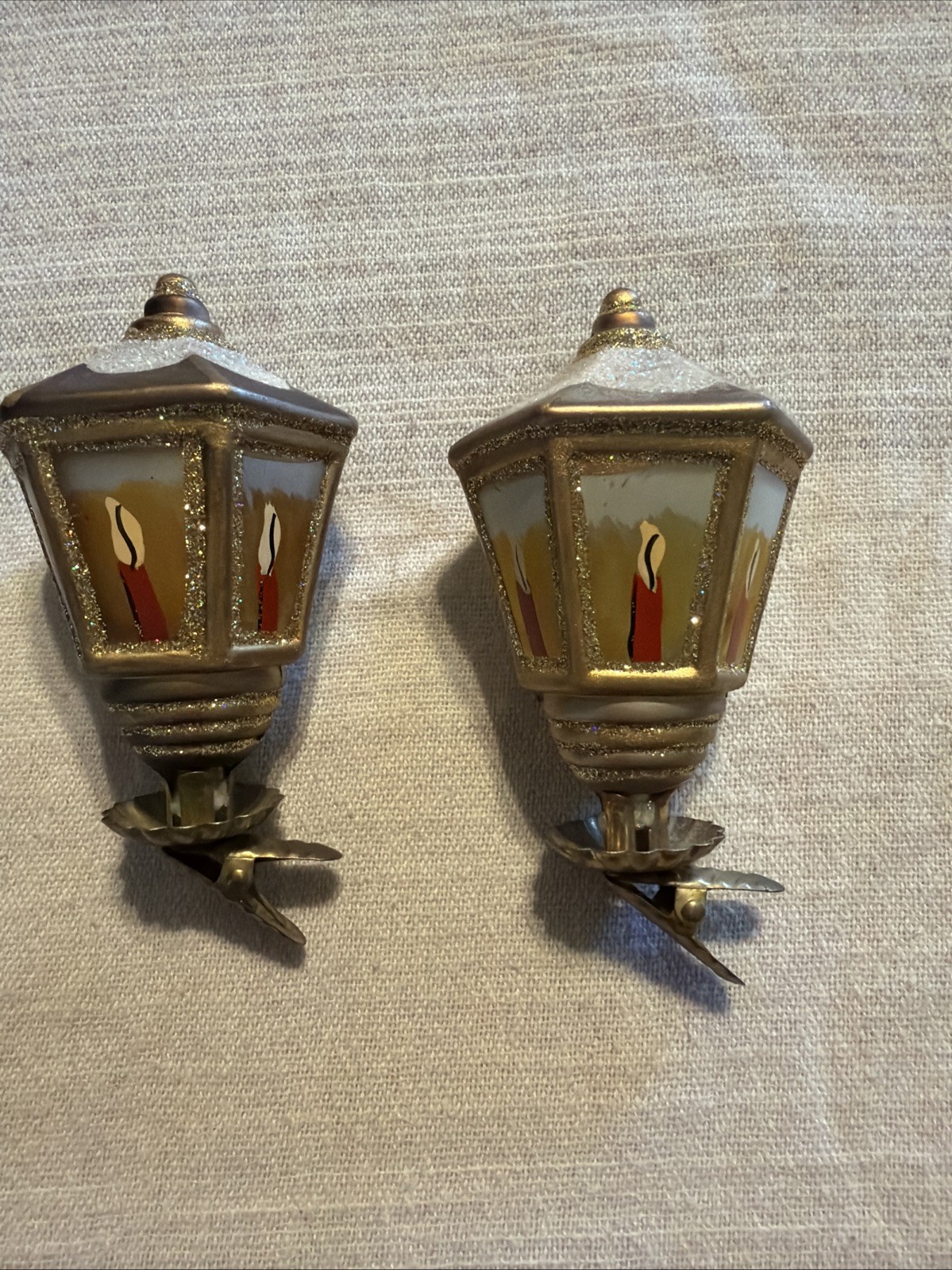 2 Vintage Christmas Gold Lantern Lamp Clip On Glass Ornament 4” RADKO? Glass