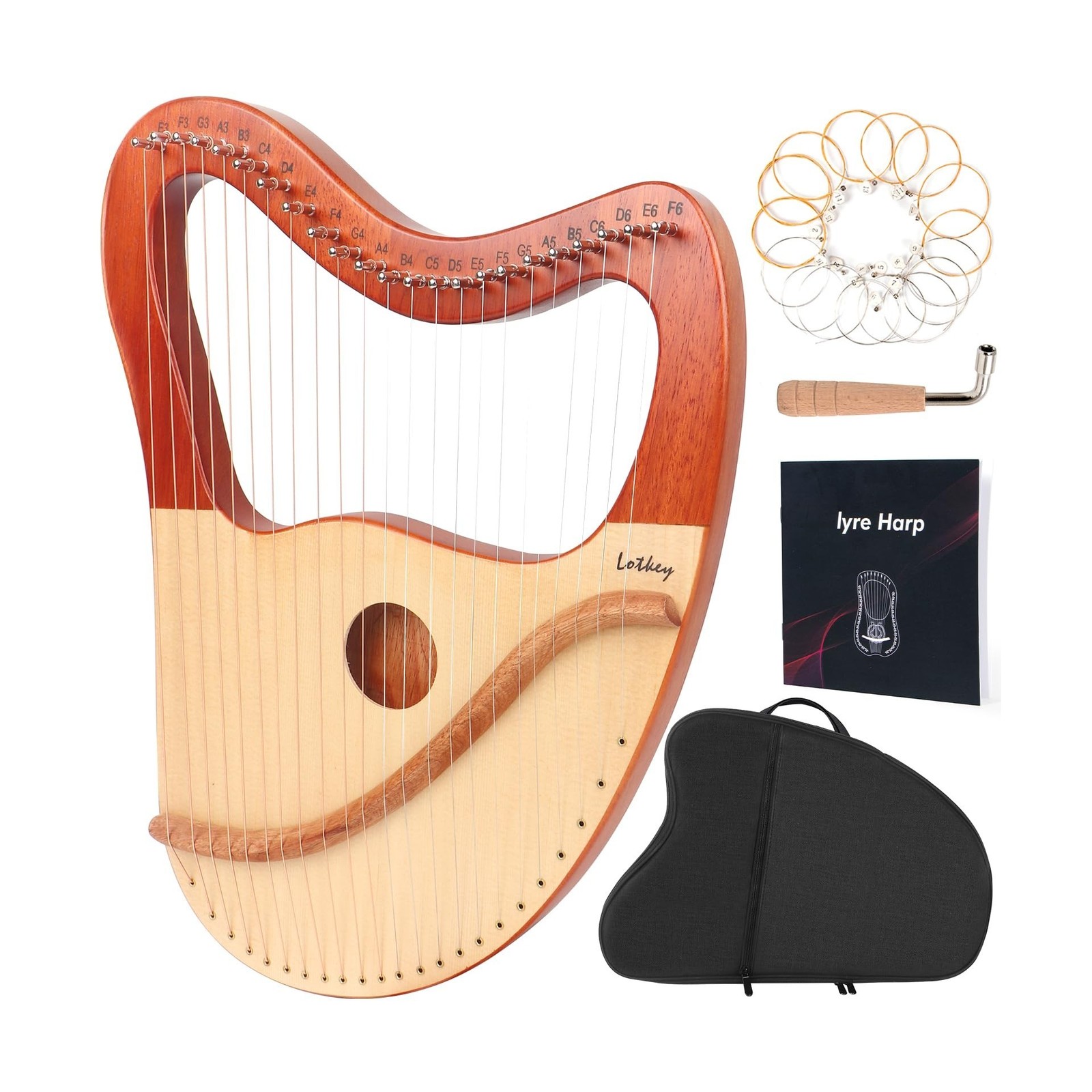 Lyre Harp, Lotkey 23 Metal Strings Harp Mahogany Body and Solid Spruce Board ...