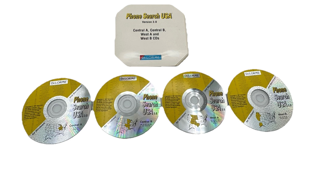 Delorme Phone Search U.S.A. Version 3.0  1997  4 CD-Roms Windows & Mac Untested