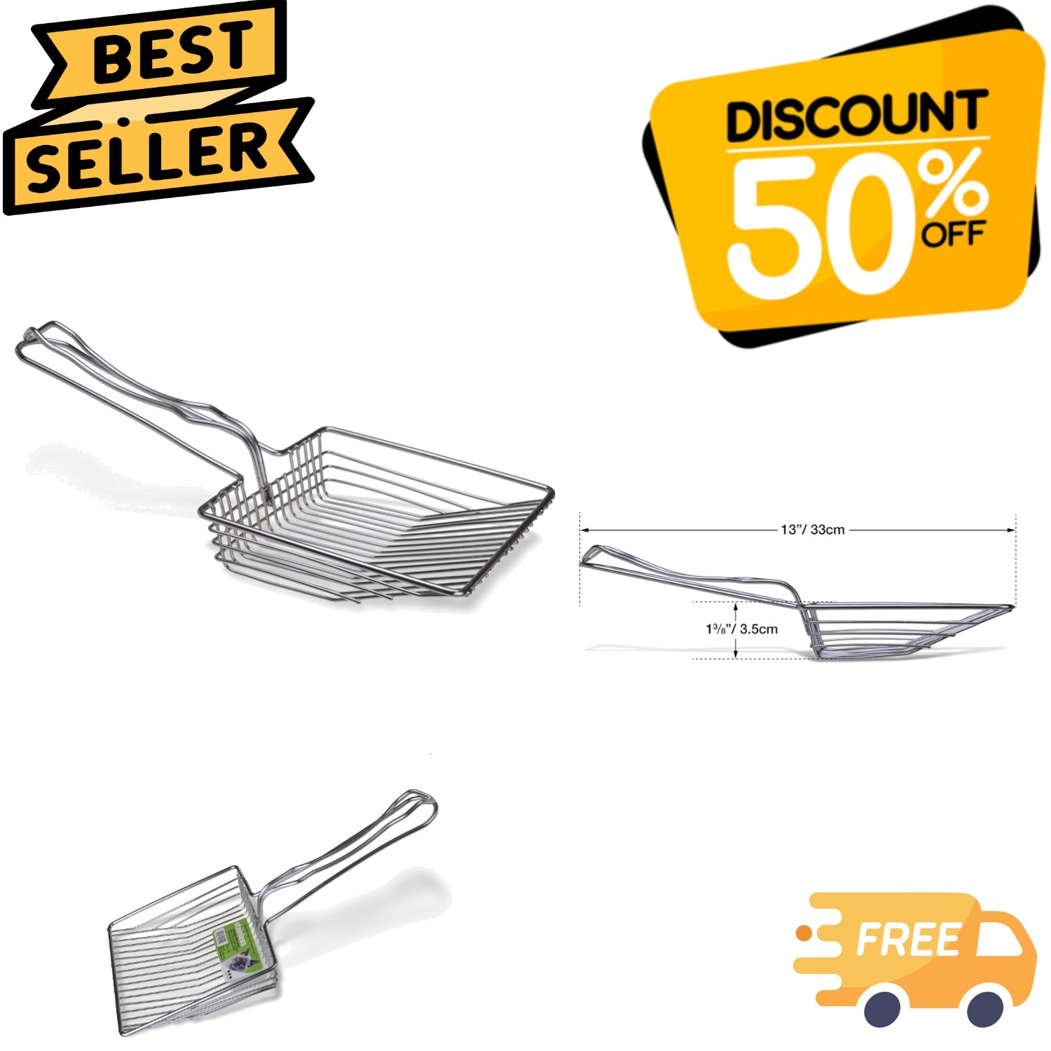Lightweight Stainless Steel Litter Scoop with Beveled Edge - Easy, Effective Use