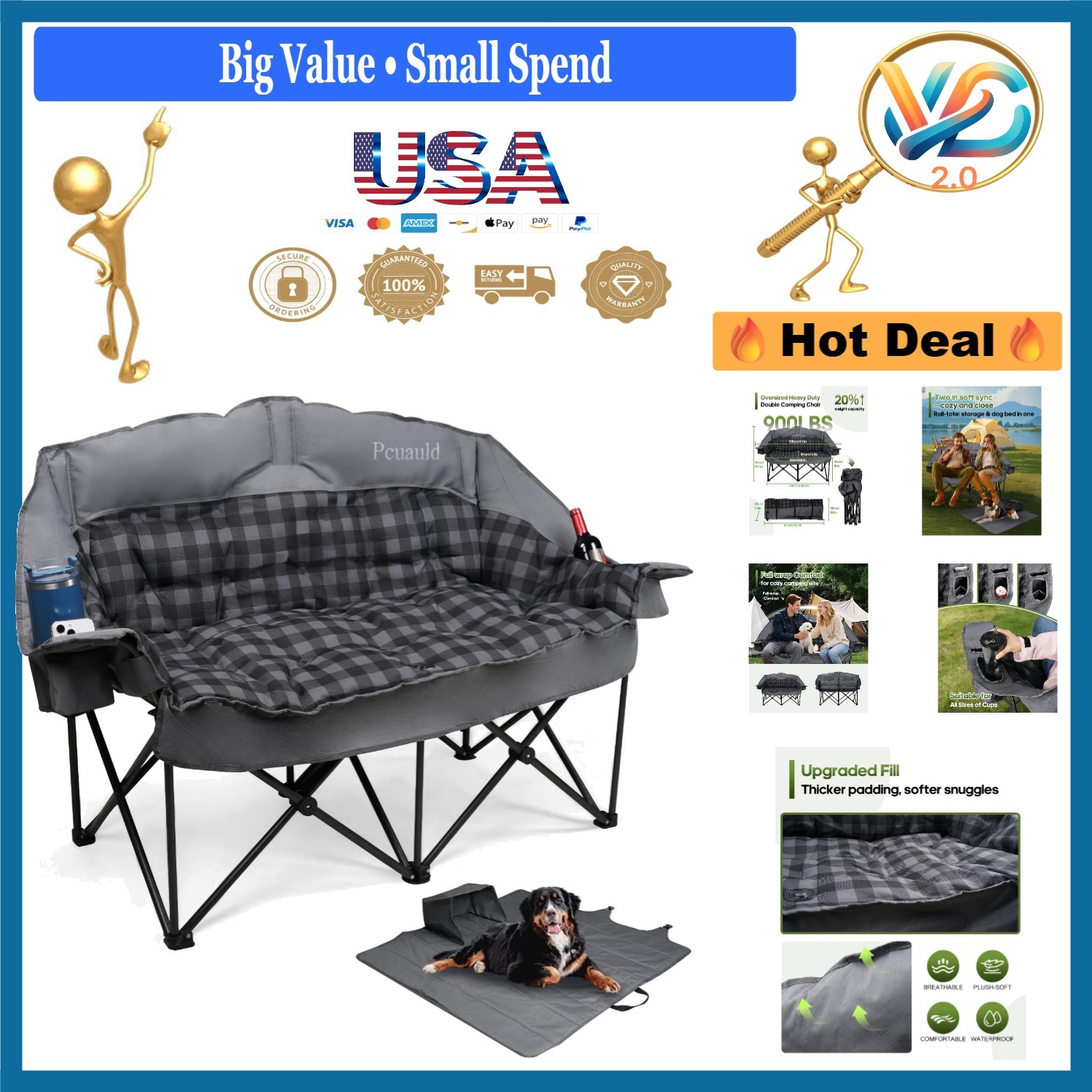 Heavy Duty Double Camping Chair with Cup Holders Portable Folding Lounge Gray