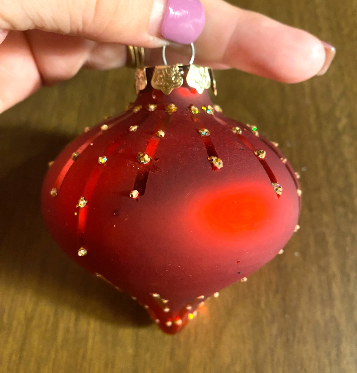 Glitter Designed Teardrop Red Blown Glass Christmas Ornament 3"