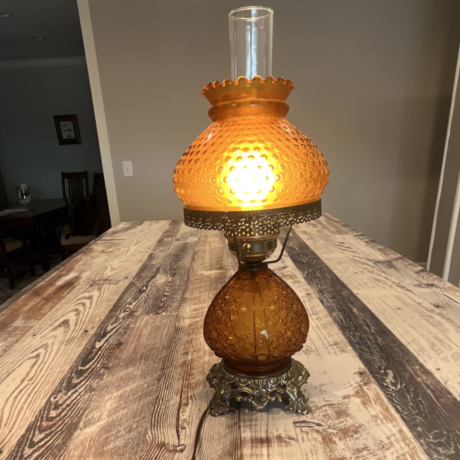 Amber Hobnail Glass Electric Table Lamp Antique Brass Base Shade Included