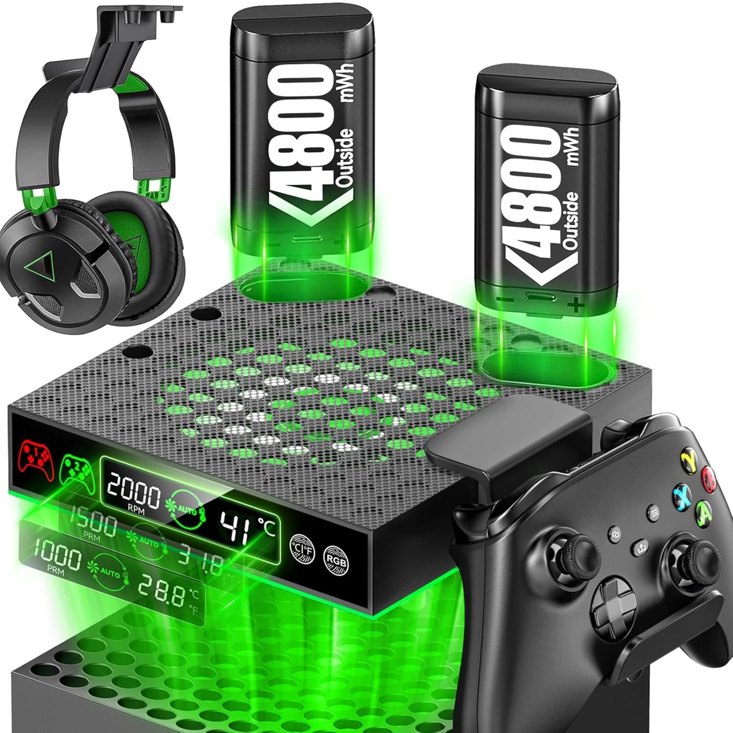 Xbox Series X/S Cooling Fan Stand w/ 2 Rechargeable Batteries RGB & Holders