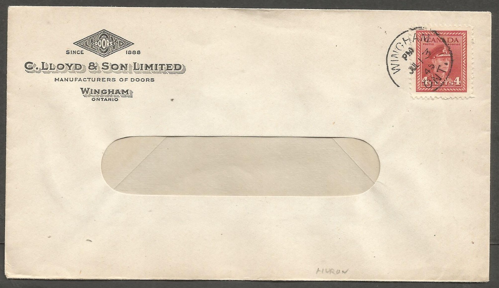 1945 Lloyd & Son Doors Advertising Cover 4c War CDS Wingham Ontario