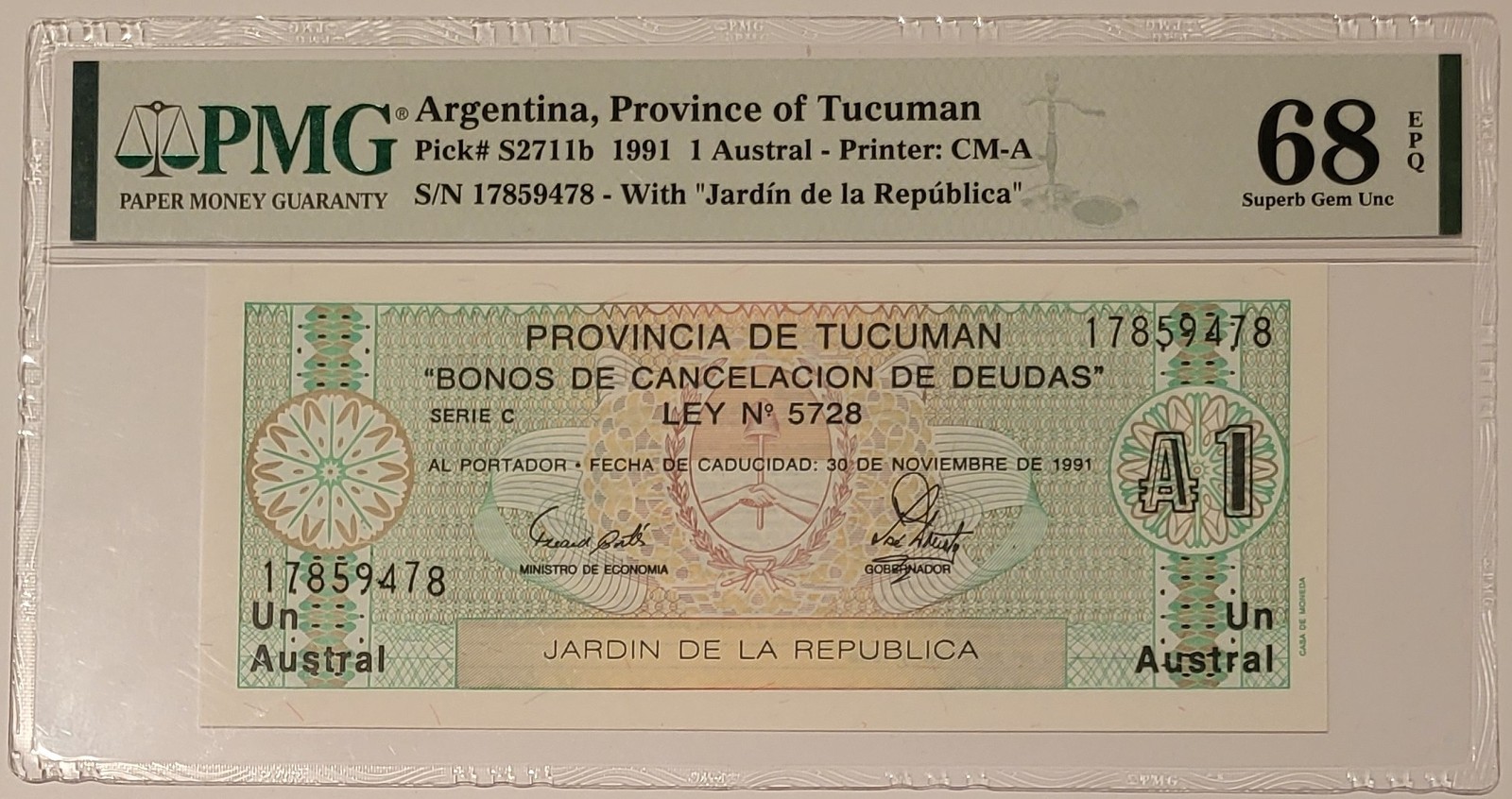 Argentina - Province of Tucuman 1991 1 Austral Note Superb Gem Unc 68 EPQ PMG