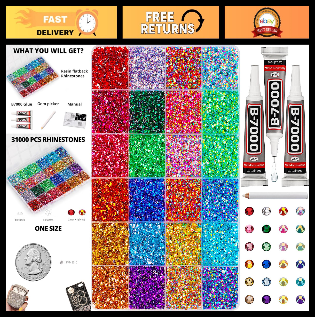 33,000 Pcs Flatback Rhinestones Kit - 3mm Colorful Crystal Gems for Crafting, Na