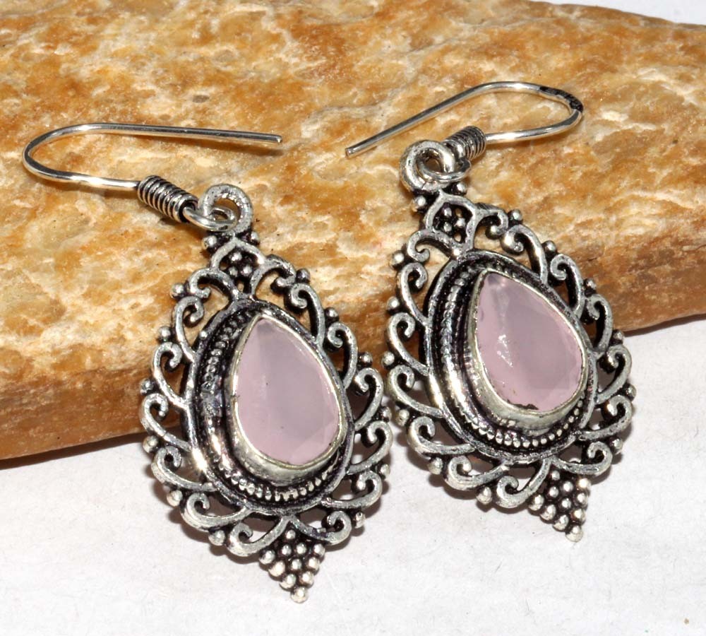 925 Silver Plated Pink Chalcedony Earrings Handmade Jewelry Size 1.6" MJ